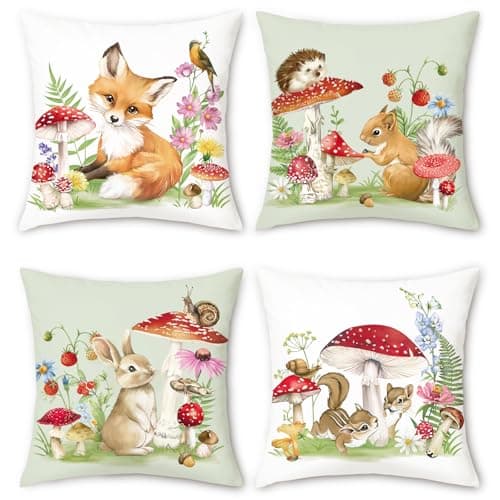Image of Bonhause Forest Animals Cushion Covers 45 x 45 cm Fox Rabbit Squirrel Mushroom Floral Decorative Pillow Covers for Sofa Garden Kids Baby Nursey Room Decor Set of 4