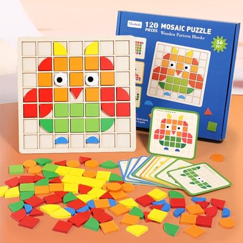 Image of Jastown 120pcs Creative Mosaic Puzzle,Wooden Pattern Blocks Set,Shape Matching Game,Wooden Puzzle Blocks,Tangram Puzzles For Kids,Montessori Preschool Learning Activity Stem Gift For Aged 3 5 6 8 12