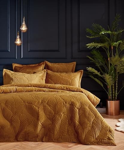 Image of Paoletti Palmeria Quilted Duvet Cover Set – Luxe Embroidered Velvet Bedding (Gold – Double)
