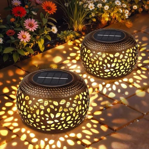 Image of Solar Lanterns for Outside, 2 Pack Hollow Out Retro Metal LED Garden Solar Lanterns Outdoor, Gifts for Women Mom, Waterproof IP65, Decorative Metal Lantern for Table, Patio, Lawn, Yard, Warm White