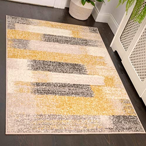 Image of Durable Abstract Ochre Grey Striped Living Room Carpet Rug Distressed Yellow Mustard Slate Painterly Lounge Bedroom Hallway Area Rugs 80cm x 150cm