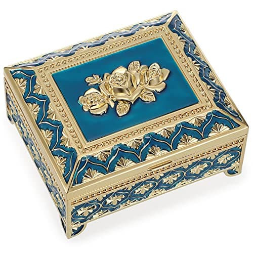 Image of IGNPION Metal Jewelry Box Rose Engraved Trinket Holder Earrings Rings Trinket Storage box Jewelry Keepsake Ornate Display Case Birthday, Wedding, Mothers Days Gifts, Gold+Dark Blue