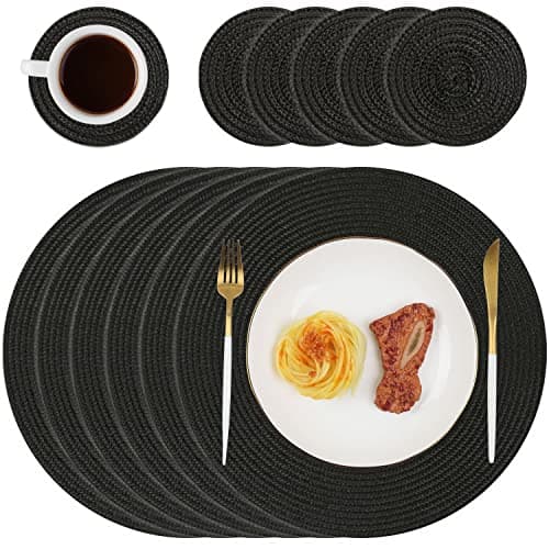 Image of Homcomodar Round Placemats and Coasters Set of 6 Braided Woven Table Place Mats for Dining Table(Black)