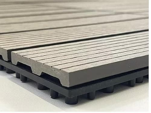 Image of Interlocking Decking Floor Tiles - WPC Plastic Composite for Garden, Patio, Balcony, Terrace Anti-Slip, Waterproof, Click System - Light Brown, Grey, Black, Set of 11, 1m² (Grey)