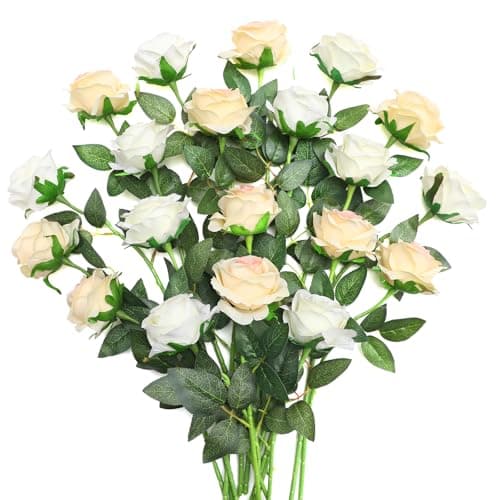 Image of JUSTOYOU 20 PCS Rose Artificial Flower,Double Colour Silk Blooming Rose with Stem,Artificial Rose Bouquet Realistic Flower for Home Table Office Party Wedding Garden Arrangements(champagne and white)