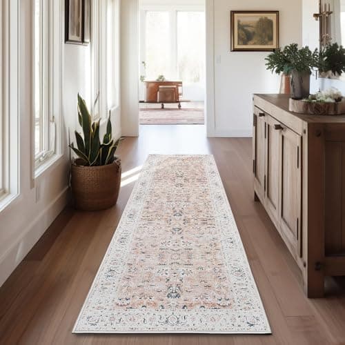 Image of TOPICK Runner Rug 60x180cm Hallway Runner Entrance Pink Floral Washable Rug Thin Non Slip Carpet for Kitchen Bathroom Bedroom