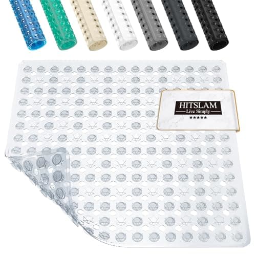Image of HITSLAM Shower Mat Non Slip Anti Mould, Bath Mat Anti Slip With Suction Cups and Drain Holes, Square Shower Mat for Inside Shower 53 x 53cm, Machine Washable Bath Mat for Tub, Clear
