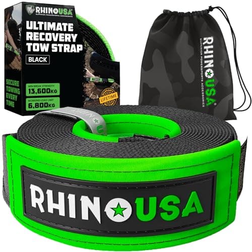 Image of Rhino USA Recovery Tow Strap (7.6 cm x 6.1 m) - 13,600 kg Break Strength - Emergency Recovery Strap Tow Rope for Truck, UTV, ATV & More - Heavy Duty Towing Strap for Offroad 4X4 Use - Black
