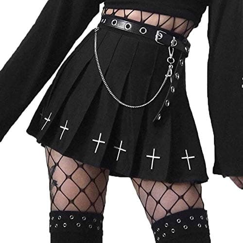 Image of DINGJIUYAN Skater Skirt,Black Skirts for Women UK,Pleated and Gothic Style with Belt Short High Waist Skirt Tennis School Skirts