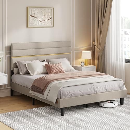 Image of VASAGLE Double Bed Frame, for 135 x 190 cm Mattress, Adjustable Upholstered Headboard, Metal Frame, Wooden Slats, Modern, Cappuccino Beige RMB506LH01