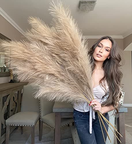 Image of VOULUX Extra Large Gold Brown Fake Faux Long Artificial Pampas Grass Large Fluffy x3 115cm Stems x18 Decorative Flora Feathers For Floor Vases Tall Plant Flowers