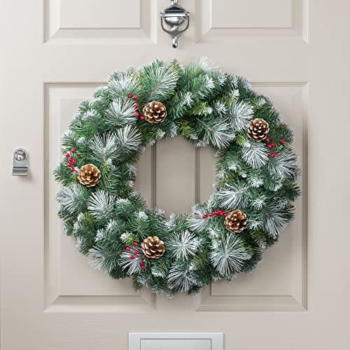 Image of Christow Flocked Christmas Wreath with Pine Cones & Berries for Front Door, Luxury Pre Decorated Artificial Wreath, Home Xmas Decoration, Natural Looking PE & PVC Needles, Easy Hanging (60cm)