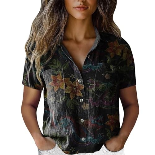 Image of Bardot Tops for Women UK Linen Shirts Women Summer Short Sleeve Button Down T-Shirts With Pockets Elegant Graphic Print Tunic Tops Lightweight Loose Lightning Deals of The Day Today Sale