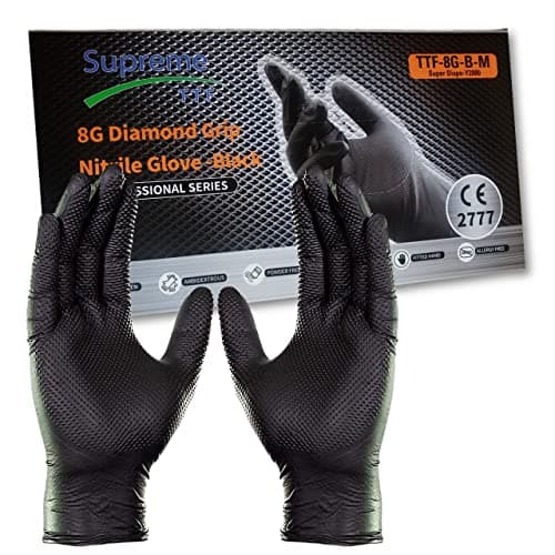 Image of Supreme TTF Extra Strong 8.0 mil Thickness Orange HD Nitrile Powder Free & Latex Free Diamond Grip Gloves Box of 50 Gloves (Black, Large (Size 9))