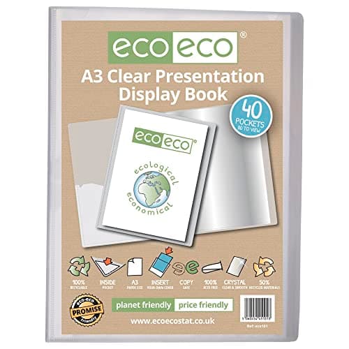 Image of eco-eco A3 Size 50% Recycled 40 Pocket Clear Presentation Display Book, Storage Case Portfolio Art Folder with Plastic Sleeves, eco101