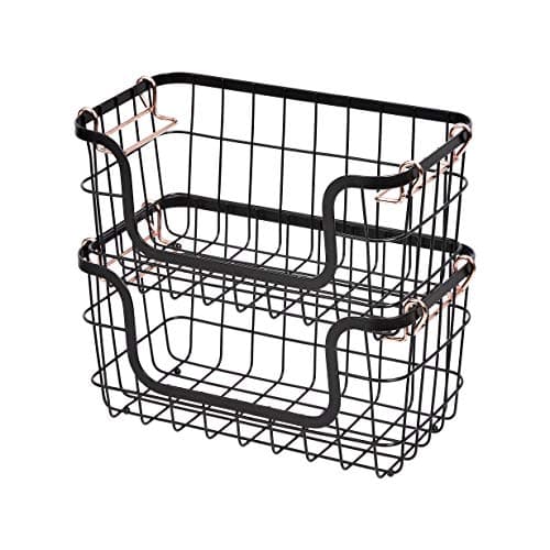 Image of Amazon Basics Stackable Metal Storage Baskets for Kitchen or Bathroom, Rectangular, 2 Pack, 16.3 x 31 x 14.1 cm, Black