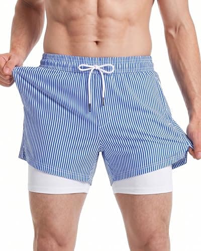 Image of MaaMgic 5" Mens Swim Shorts with Compression Liner 4-Way Stretch Bathing Suit Swimming Shorts with Pockets,Blue White Stripes,L