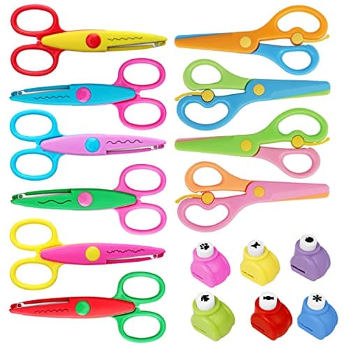 Image of Asdirne Kids Scissors, Kids Craft Set of 16, Children Serrated Scissor, Contains 6 Zig Zag Cut, 4 Children Scissors and 6 Paper Punches, Assorted Colors
