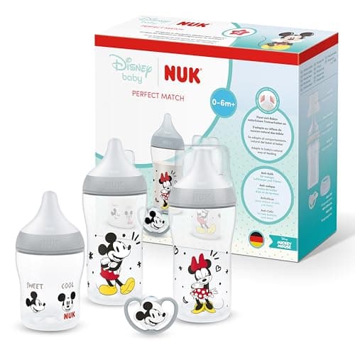 Image of NUK Perfect Match Newborn Baby Bottles & Dummy Set | 0-6 Months | 3 x Anti-Colic Feeding Bottles (150ml, 260ml), 1 x Perfect Match Air Dummy | Disney Mickey Mouse | 4 Count