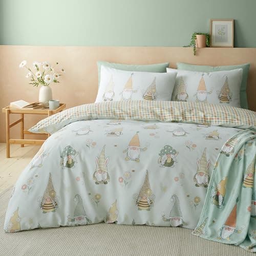 Image of Catherine Lansfield Spring Gonks Reversible Double Duvet Cover Set with Pillowcases Mint Green