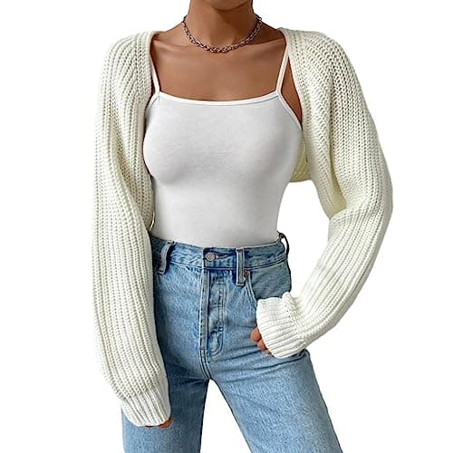 Image of Edhomenn Women's Cropped Cardigans Long Sleeve Knit Shrug Open Front Ribbed Bolero Tops Summer Vacation Clothes (01 White, M)