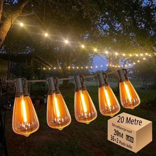 Image of 20M Outdoor LED Festoon String Lights, 36+2 Warm White ST38 Bulbs, Waterproof Garden Lights for Patio Pergola Backyard Fence Houseroof, Party, Wedding, Extendable, Zip Ties Included for Install