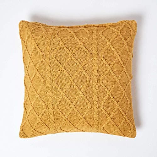 Image of HOMESCAPES Mustard Cable Knit Cushion Cover 100% Cotton Diamond Pattern Bed or Sofa Cushion for Living Room Handwoven Super Soft Textured Dark Yellow 45 x 45 cm Square Throw Cushion Case, 18 x 18”