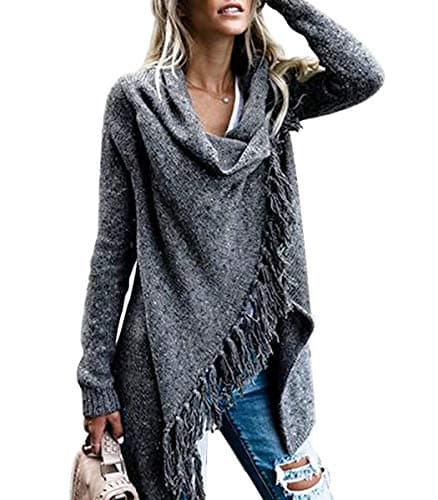 Image of CEASIKERY Women's Tassel Hem Long Cardigan Knitwer Pullover Poncho Coat Sweater, Dark Gray, (US) Medium