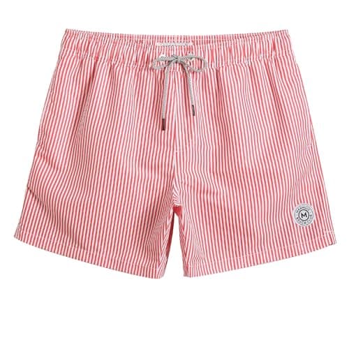 Image of MaaMgic Mens Swimming Shorts Quick-Dry Swim Trunks Mesh Lining Board Shorts Water Repellent Surfing Bathing Beach Shorts with Pockets Stripe Red White