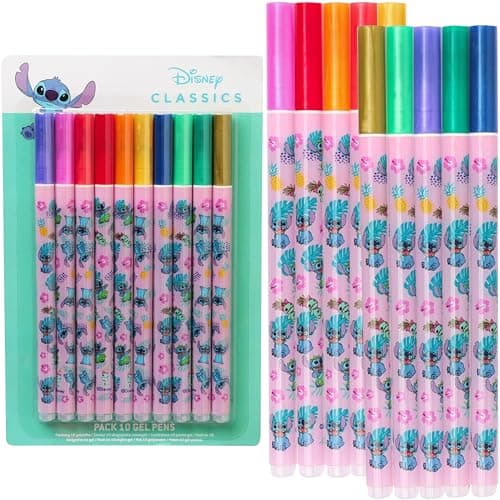 Image of Disney Stitch Gel Pens with Metallic Ink Kids Teens Coloured Pens 10 Pack School Supplies Stationery Drawing Writing Colouring Stitch Gifts (Multi Stitch)