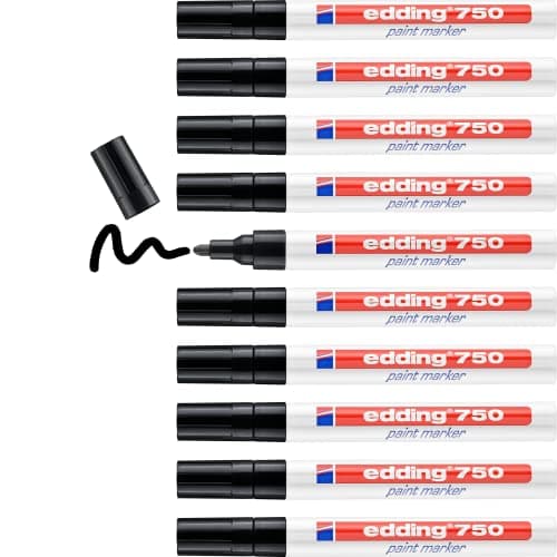 Image of edding 750 paint marker - black - 10 pens - round tip 2-4 mm - paint marker for marking and labelling metal, glass, rocks or plastic - heat-resistant, permanent, smudge-proof and waterproof