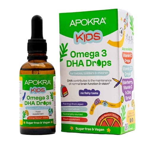Image of APOKRA Kids Omega 3 Vegan DHA Drops | Algae Oil Sustainable Source | No Fishy Taste | Preservative Free and Sugar Free | Algal Alternative to Fish Oil Supplements | Natural Orange Flavour | 50mL