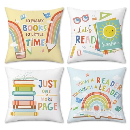 Image of COZZSNUGE Reading Cushion Covers Kids Colorful Books Rainbow Pencil Velvet Decorative Pillowcases for Home Classroom Nursery Reading Corner Library 45 x 45 cm Set of 4