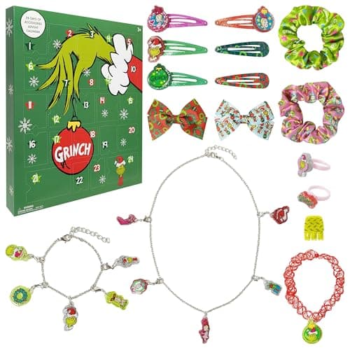 Image of Dr. Seuss Grinch Advent Calendar 24 Days -Includes Kids Jewelry Set & Hair Clips for Girls - Holiday Accessory Surprise for Teen Girl - Fun Christmas Countdown