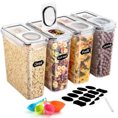 Image of YASHE Cereal Storage Containers, 4Pcs Plastic Food Storage Containers with Lids Airtight, Durable Food Grade BPA-Free Cereal Containers with 16 Labels & 1 Marker