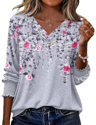 Image of Rapbin Womens Tops 3/4 Sleeve Summer T Shirts V Neck Elegant Floaty Floral Printed Tunic Blouse with Buttons Decor Grey Floral L