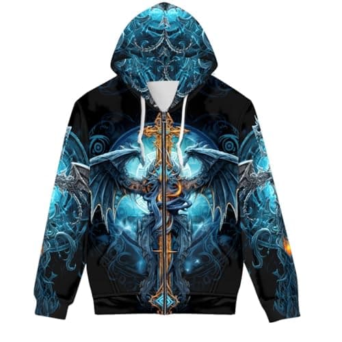 Image of GLUDEAR Unisex Realistic 3D Digital Print Full Zip Hoodie Jackets Hooded Sweatshirt, Dragon Cross, X-Large
