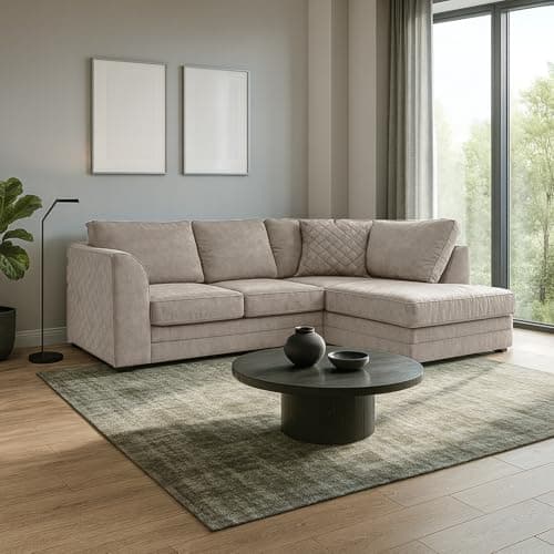 Image of Furnishings For Less UK The Quilted Chenille Beige 3-4 Seater L shaped Corner Sofa Pattern Full Back Chaise (Beige, Right Hand Facing Corner)