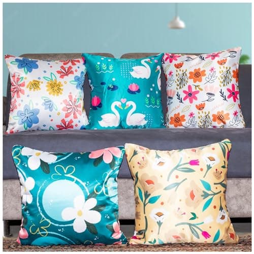 Image of Vendola Decorative Satin 250TC Sofa Cushion Pillow Covers, Multicolor, Set of 5 Ethnic Cushion Covers(Doves,12x12 Inches)