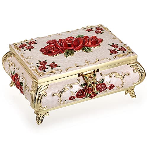 Image of SUMNACON Vintage Metal Small Jewelry Box Trinket Box with Red Flower Pattern, Retro Trinket Storage Organzier Jewelry Holder Box for Rings Earrings Necklace, Beige (Size L)