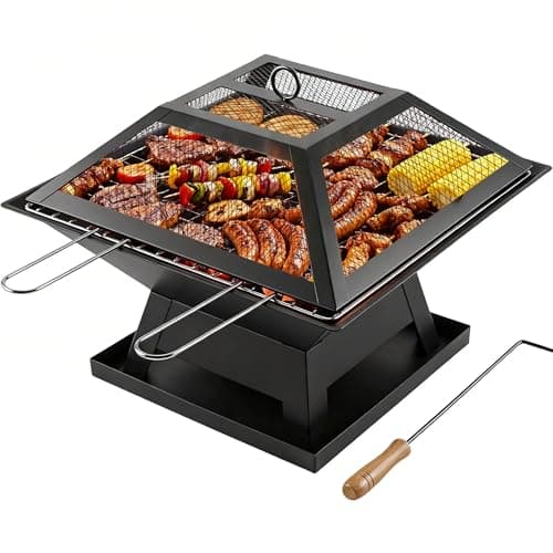 Image of Square Fire Pit with BBQ Grill, Metal Fire Pit BBQ with Mesh Lid & Poker, Outdoor Garden Patio Heater Firepit, Sturdy and Durable Iron Construction - Great for Camping, Picnics or the Garden