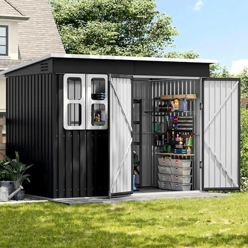 Image of UDPATIO Metal Garden Storage Sheds 8.5 x 6 FT Galvanized Steel with Window, Lockable Door and Ventilation, Outdoor Bike Storage Waterproof for Backyard, Patio, Garbage Bin, Dark Grey