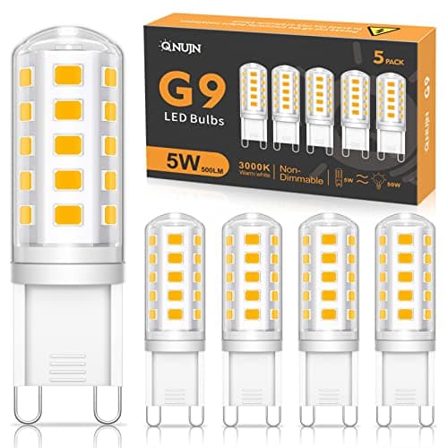 Image of QNUJN G9 Led Bulbs Warm White, 5W, 500LM, 3000K, Equivalent to 50W Halogen, Non-Dimmable Energy Saving Light Bulb for Home Lighting Decor, Chandelier, Wall Light, Crystal Lamp-5 Packs