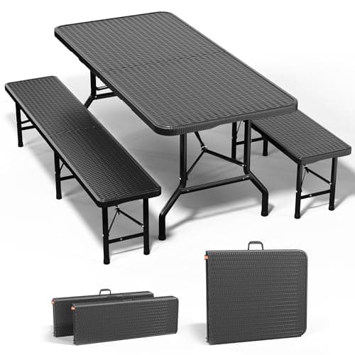 Image of JUMMICO 3-Piece Folding Garden Table and Chairs Set (2 Benches + 1 Table). Sturdy and Foldable: Each Bench Supports 300 kg, Table 150 kg. Accommodates 4-6 People, Ideal for Garden and Camping