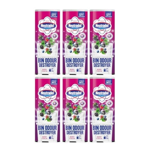 Image of Neutradol Dustbin Odour Destroyer, Bin Freshener Deodorising Powder, Odour Eliminator for Indoor & Outdoor Bins, Berry Fusion, Multipack of 6 x 350g