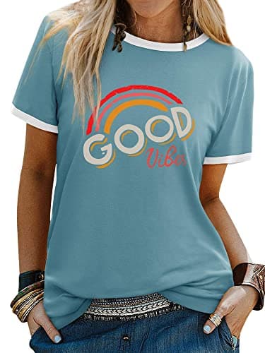Image of Dresswel Women Good Vibes T-Shirt Rainbow Graphic Print Tee Shirts Summer Tops(Light Blue,M)