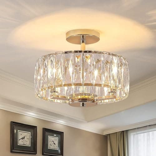 Image of MSSIAN Gold Modern K9 Crystal Chandelier Contemporary Round Ceiling Light Fixture,Small Flush Mount Chandelier Round E14*3Light Pendant Lighting for Living Room Dining Room Bedroom Entryway W32cm