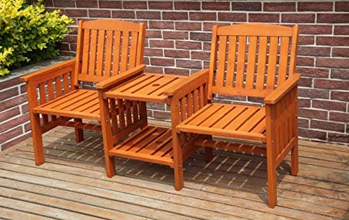 Image of WestWood BIRCHTREE Outdoor Garden Love Duo Seat Patio Bench Couples Companion Yard 2 Seater Chair Twin With Table Set Parasol Hole Pool Wooden Furniture LS02 Natural