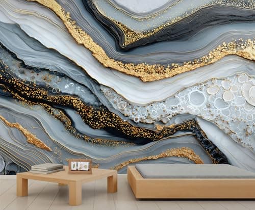 Image of YEMYOR 3D Marble Mural Wallpaper Grey White Marble Wallpaper for Living Room Bedroom Abstract Golden Wavy Lines Wall Mural for Kitchen Restaurant Office-300x230cm