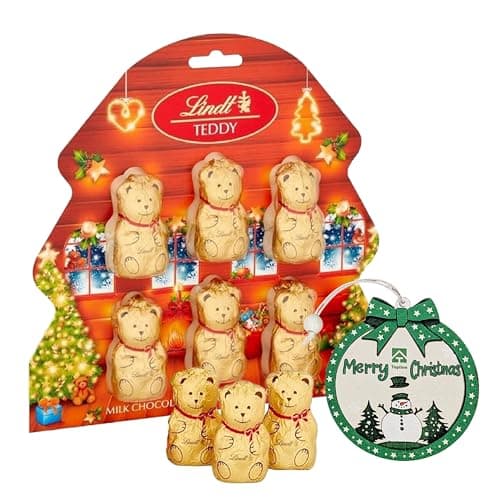 Image of Lindt Chocolates Christmas Tree Decorations - Milk Chocolate Pack of 1 x 60g (6x10g) Golden Teddy Bears for Chocolate Hamper with Topline Tree Ornament for Stocking Fillers, Chocolate Gifts for Kids